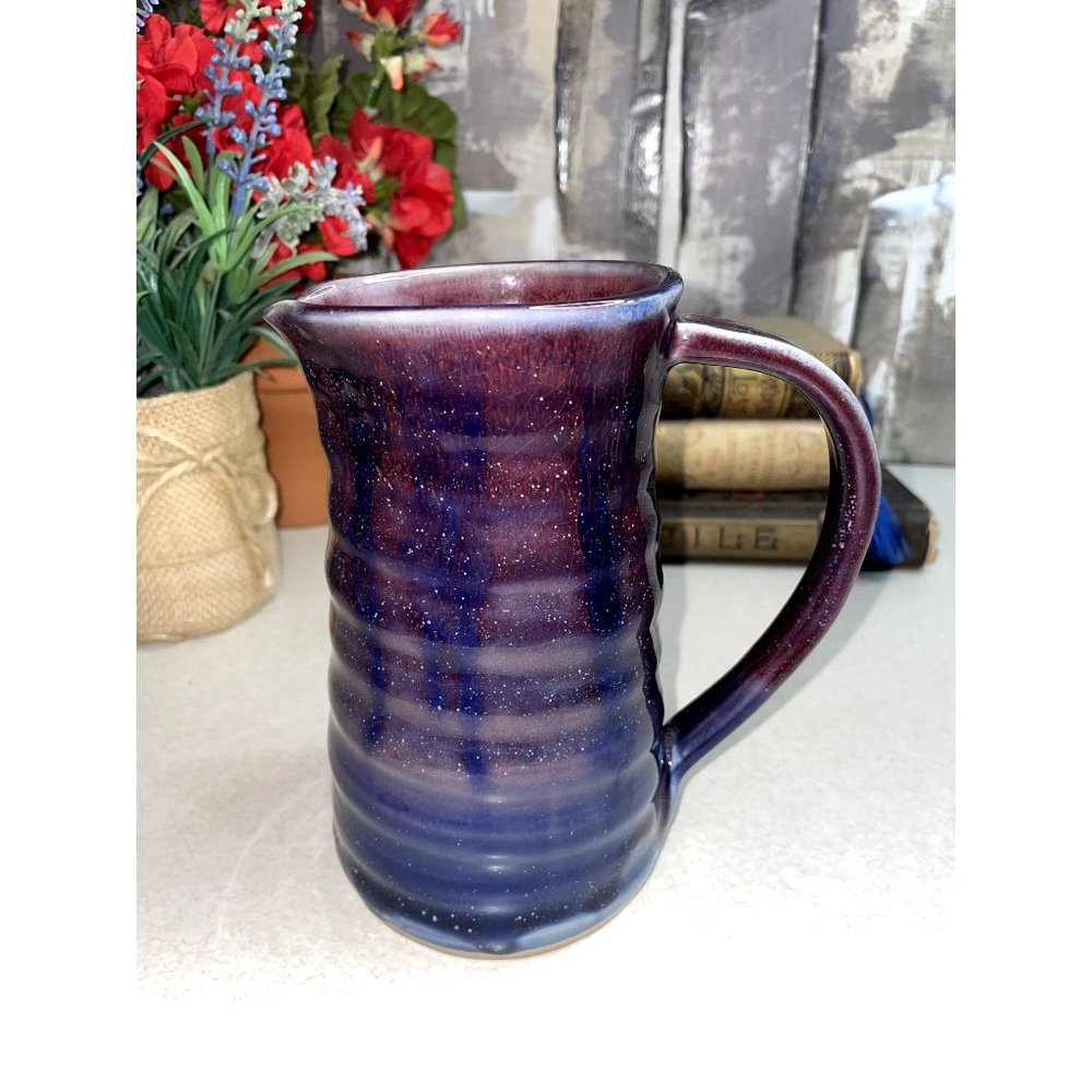 Hand Thrown Studio Pottery Ceramic Drip Glaze Pitcher Spiral Stoneware Signed